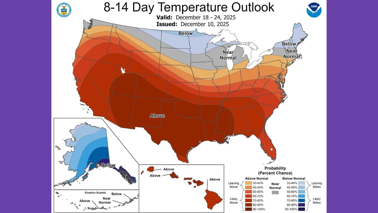 Alabama, Georgia, Mississippi, and the Deep South Expected to See Above-Normal Temperatures December 18–24 as CPC Outlook Signals No Chance for a White Christmas