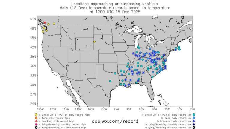 Arctic Air Brings Record or Near-Record Cold Across New England, the Mid-Atlantic, and the Deep South as December Lows Shatter Expectations