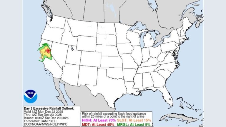 California Faces Moderate Risk of Excessive Rainfall as Day 3 Outlook Highlights Flood Potential Along the Coast and Interior