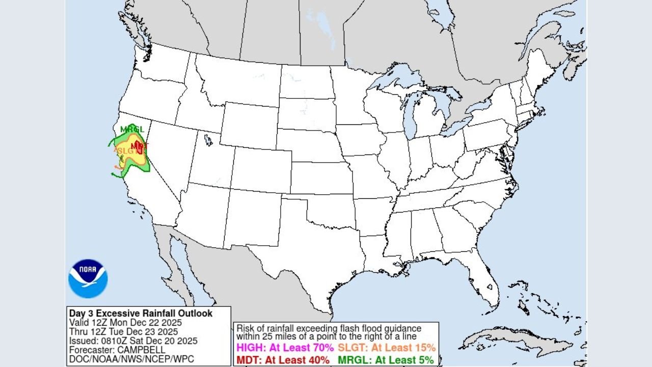 California Faces Moderate Risk of Excessive Rainfall as Day 3 Outlook Highlights Flood Potential Along the Coast and Interior