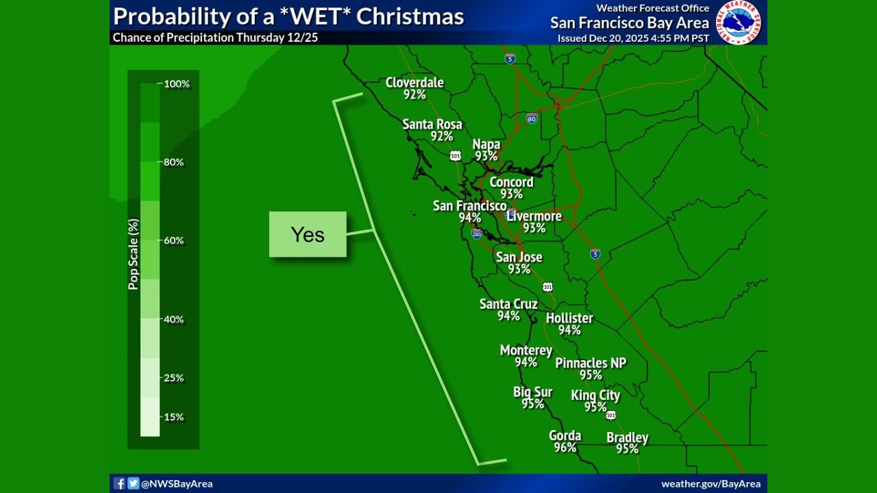 California’s San Francisco Bay Area Faces a Very Wet Christmas as Rain Chances Exceed 90% and Snow Remains Unlikely