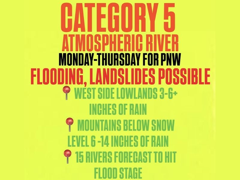 Category 5 Atmospheric River to Slam Pacific Northwest Monday–Thursday, Bringing Flooding and Landslide Threats