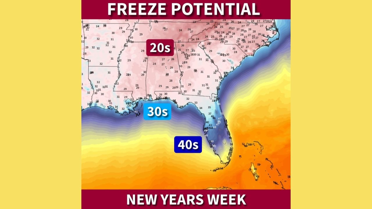 Freeze Potential Expands Across Texas, Louisiana, Mississippi, Alabama, Georgia, and Florida as Arctic Cold Targets the Gulf Coast Next Week