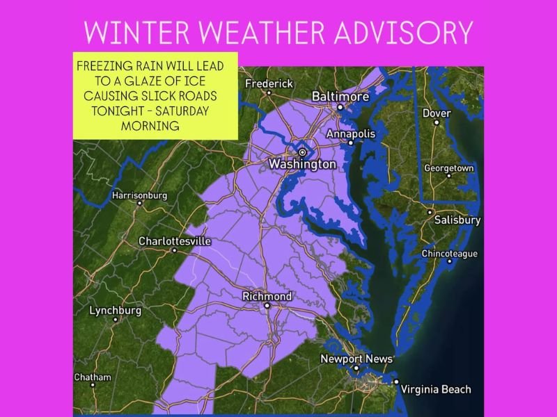 Freezing Rain to Create Dangerous Travel Conditions Across Virginia, Maryland, and Washington D.C. Overnight Into Saturday Morning