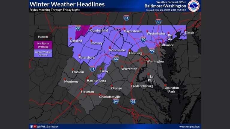 Ice Storm Warnings Issued for Western Maryland as Dangerous Freezing Rain Threatens Northern Maryland, West Virginia, and Virginia