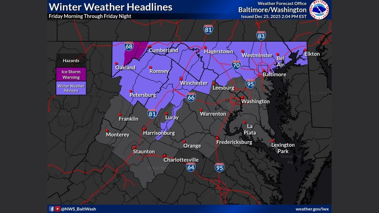 Ice Storm Warnings Issued for Western Maryland as Dangerous Freezing Rain Threatens Northern Maryland, West Virginia, and Virginia
