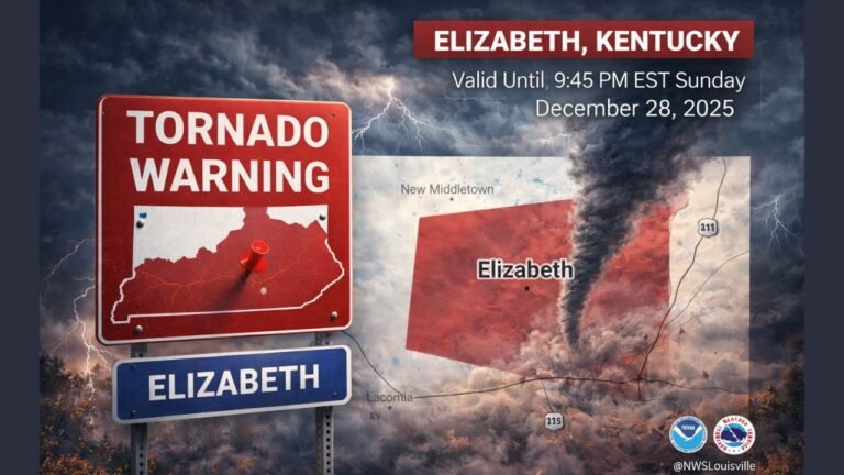 Indiana Tornado Warning Continues for Elizabeth as Radar-Indicated Tornado Threat Persists Until 9:45 PM EST