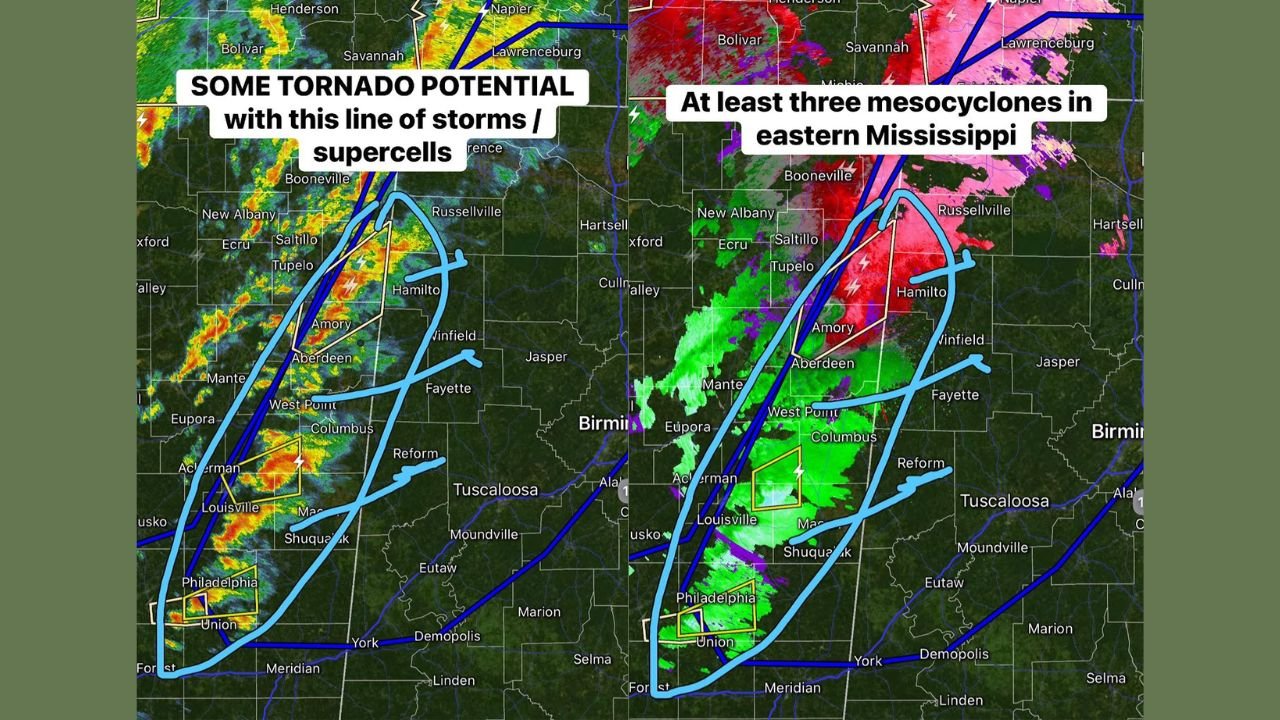 Line of Severe Storms With Supercells and Tornado Potential Tracks From Eastern Mississippi Toward Alabama