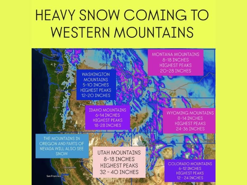 Major Winter Storm to Blanket Western U.S. Mountains With Up to 4 Feet of Snow From Washington to Colorado