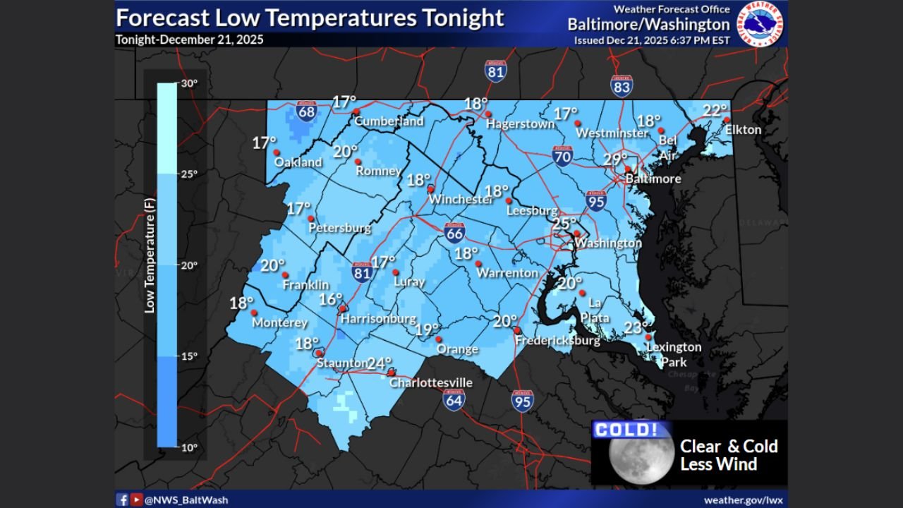 Maryland, Virginia, West Virginia, and Washington, D.C. Face Clear but Bitterly Cold Night as Temperatures Drop Into the Teens and Low 20s