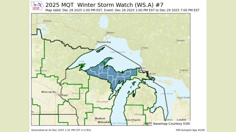 Michigan Winter Storm Watch Issued for Upper Peninsula as 5–13 Inches of Snow and 45 MPH Winds Could Create Whiteout Travel Conditions Sunday–Monday