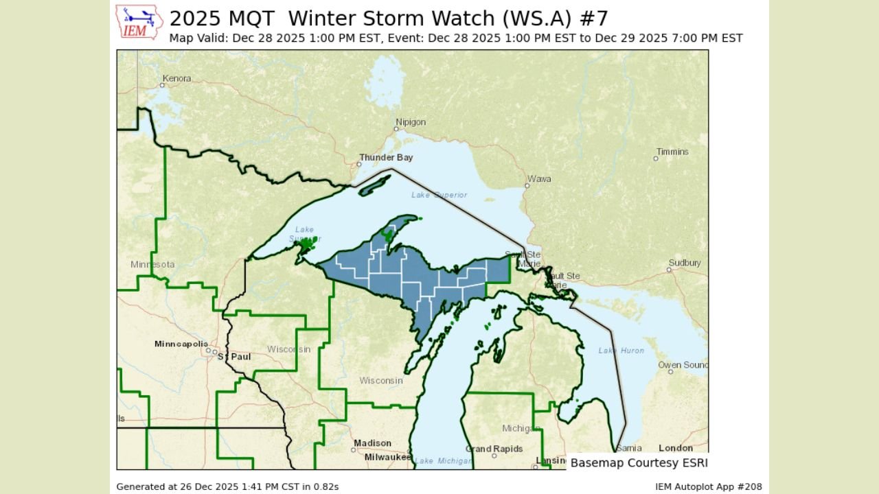 Michigan Winter Storm Watch Issued for Upper Peninsula as 5–13 Inches of Snow and 45 MPH Winds Could Create Whiteout Travel Conditions Sunday–Monday
