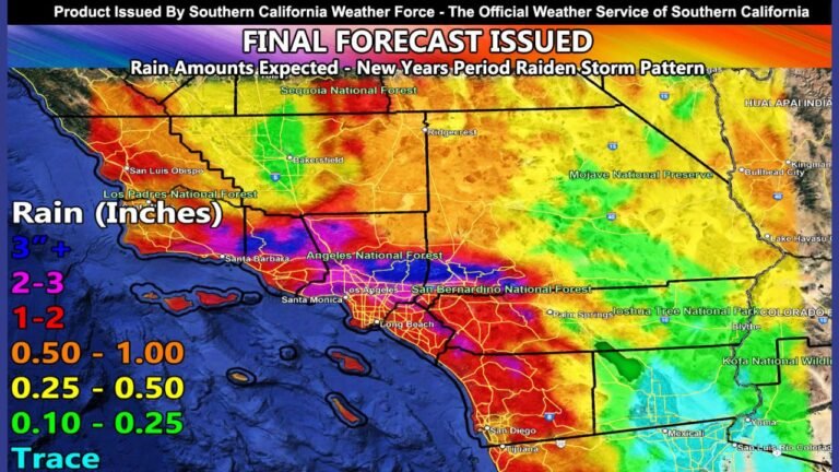 New Year’s Storm Targets Southern California With Widespread Rainfall Across Los Angeles, San Diego, and Coastal Counties