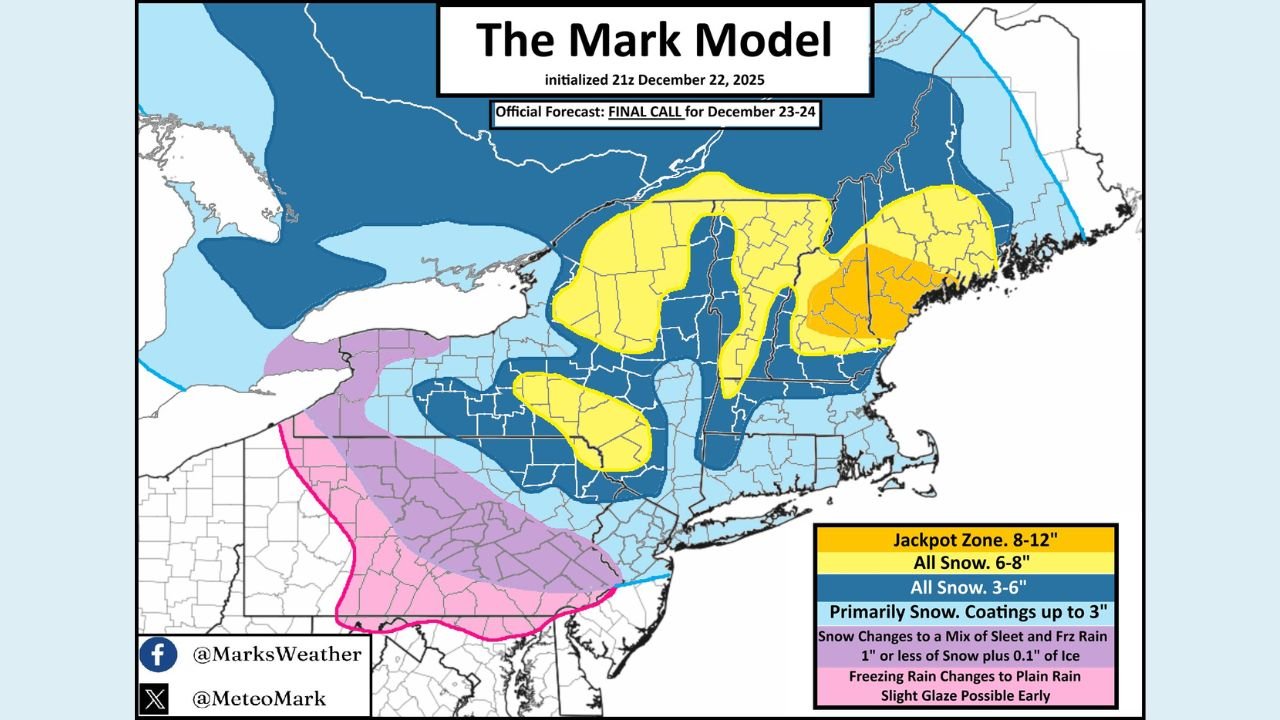 New York, Pennsylvania, New Jersey, Maryland, and New England Face December 23–24 Snowstorm With Ice Risk South and Heavy Snow North