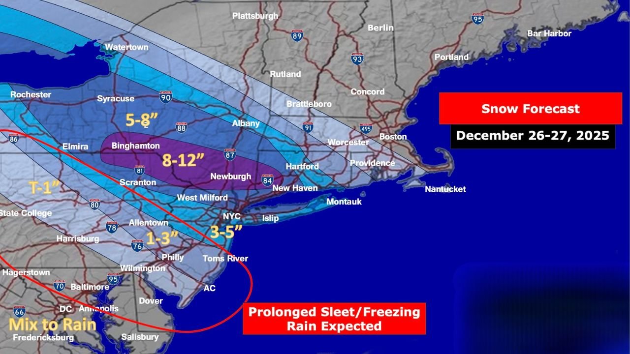 New York, Pennsylvania, New Jersey Winter Storm Forecast Shows Narrow Heavy Snow Corridor With Ice Risk December 26–27