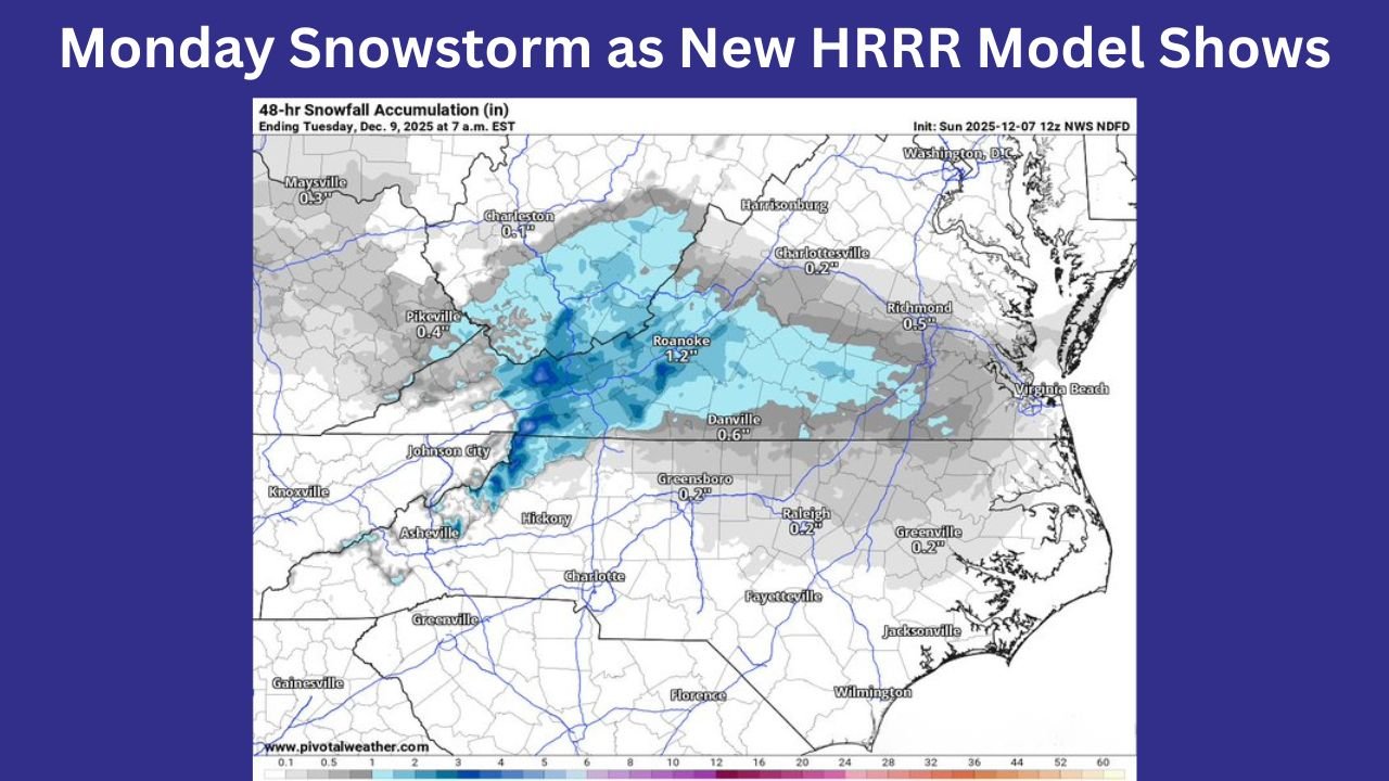 North Carolina Braces for Fast-Moving Monday Snowstorm as New HRRR Model Shows Heavier Bands and “Surprise” Zones