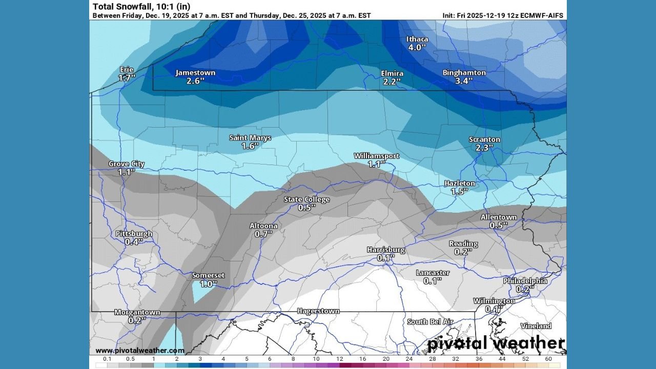 Northern Pennsylvania and Upstate New York Could See a White Christmas as Snowfall Targets Areas North of Interstate 80