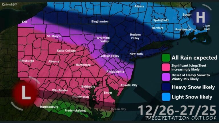Pennsylvania, New Jersey, Maryland, New York Face Ice, Snow, and Wintry Mix as Complex Winter System Targets Mid-Atlantic and Northeast