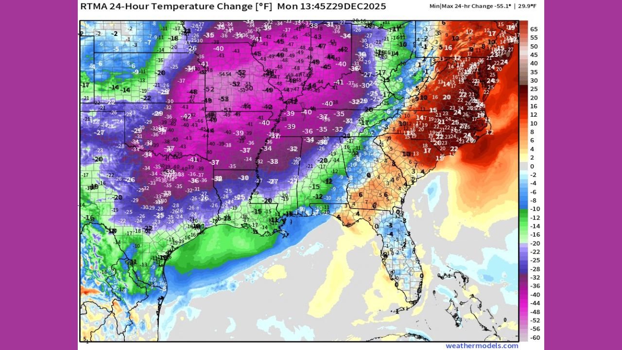 Plains and Southern States See 40–55 Degree Temperature Plunge Across Texas, Oklahoma, Arkansas, Mississippi, and Tennessee