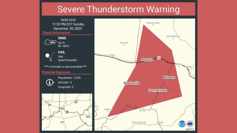Severe Thunderstorm Warning Continues for Augusta and Brooksville, Kentucky, and Higginsport, Ohio, With 60 MPH Winds and Tornado Risk Until 11:30 PM