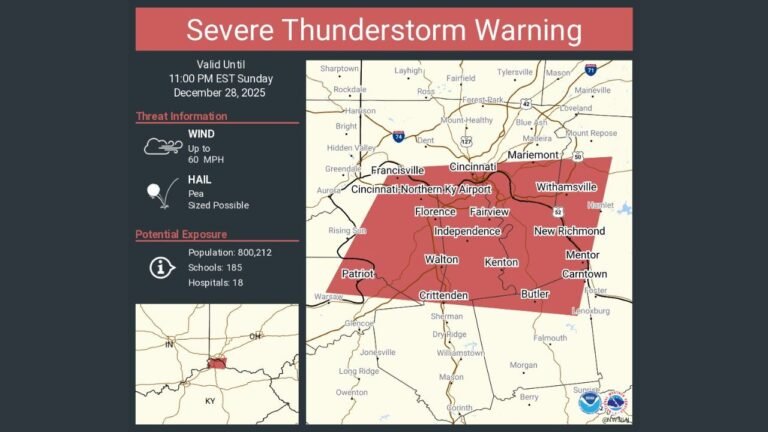 Severe Thunderstorm Warning Remains in Effect for Cincinnati, Ohio and Northern Kentucky as 60-MPH Winds Threaten Area Until 11 PM EST
