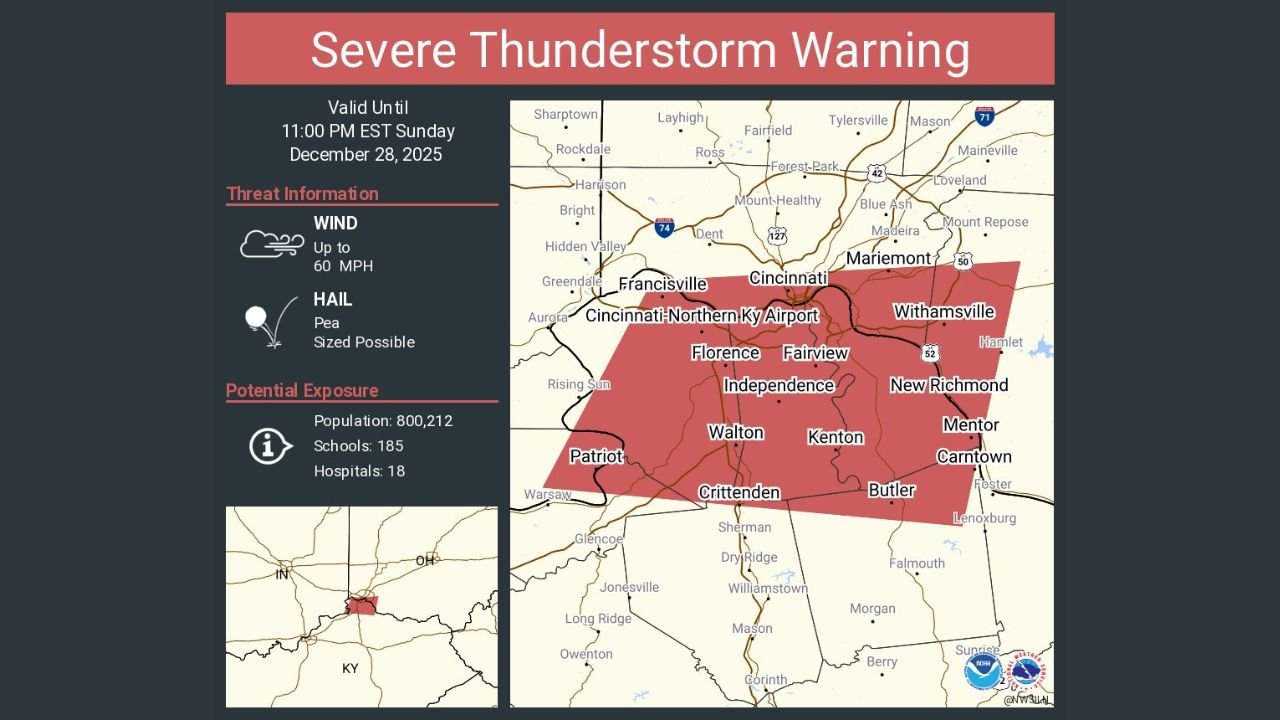 Severe Thunderstorm Warning Remains in Effect for Cincinnati, Ohio and Northern Kentucky as 60-MPH Winds Threaten Area Until 11 PM EST