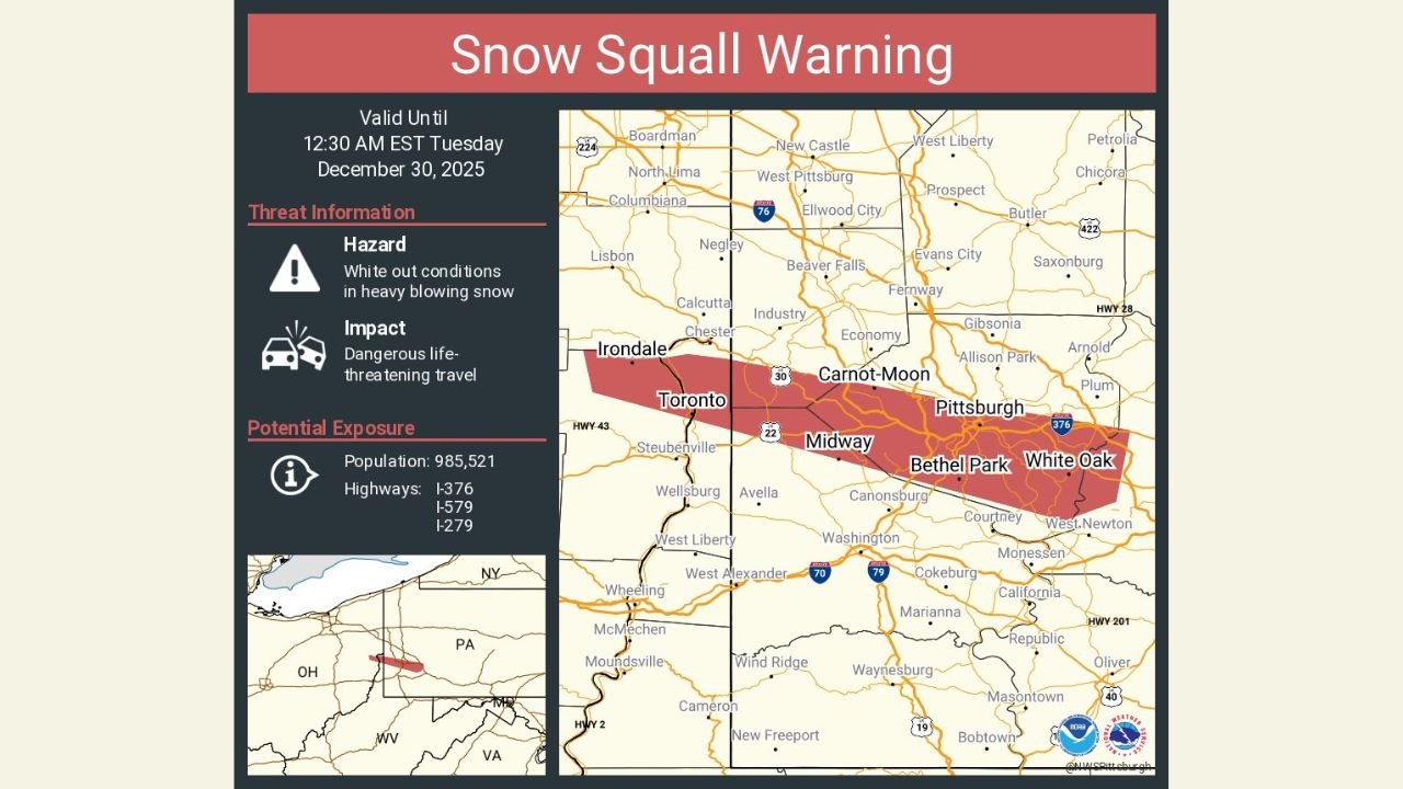 Snow Squall Warning Issued for Pennsylvania as Dangerous Whiteout Conditions Impact Pittsburgh Area Highways