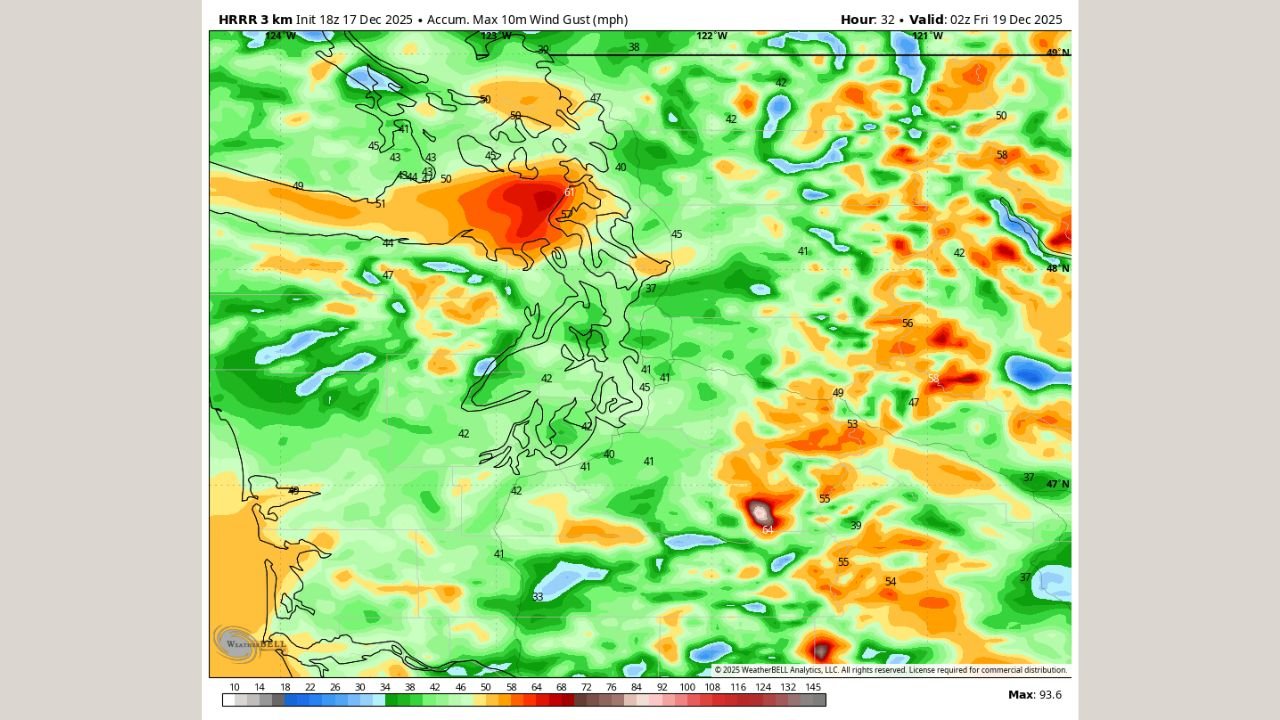 Washington State Faces Another Strong Westerly Wind Surge Along Strait of Juan de Fuca as HRRR Signals Gusts Over 65 mph