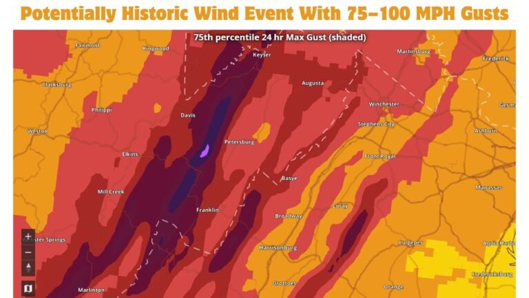 West Virginia and Virginia Allegheny Mountains Could See Rare, Potentially Historic Wind Event With 75–100 MPH Gusts Late Monday, Forecast Models Show