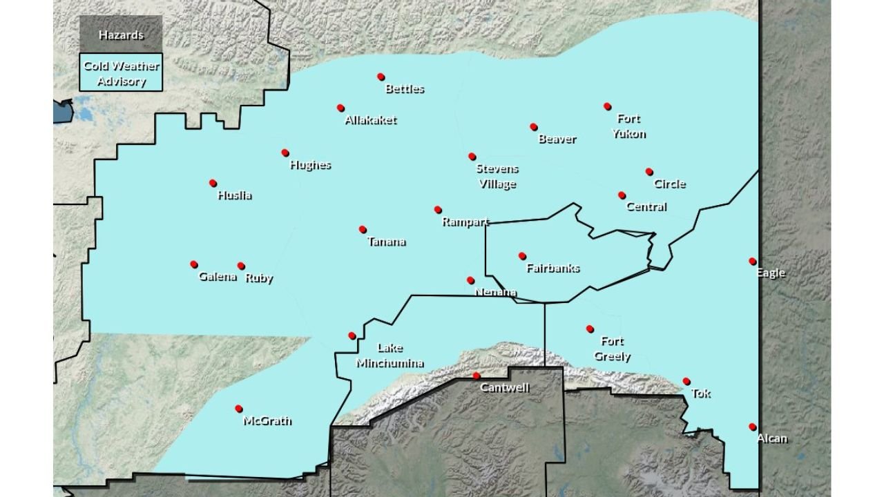 Alaska Cold Weather Advisories Issued as Interior Temperatures Plunge Toward 50–60 Degrees Below Zero