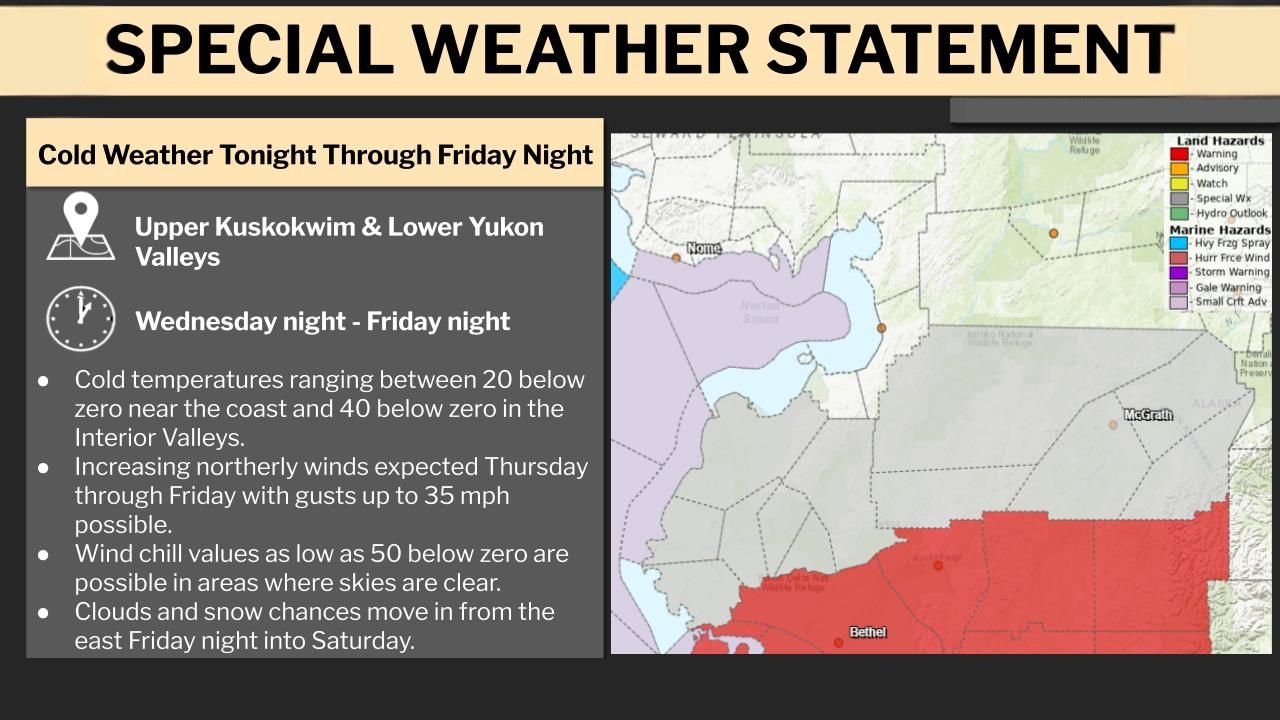 Alaska Faces Dangerous Cold as Special Weather Statement Warns of −50°F Wind Chills in Southwest Regions Through Friday Night