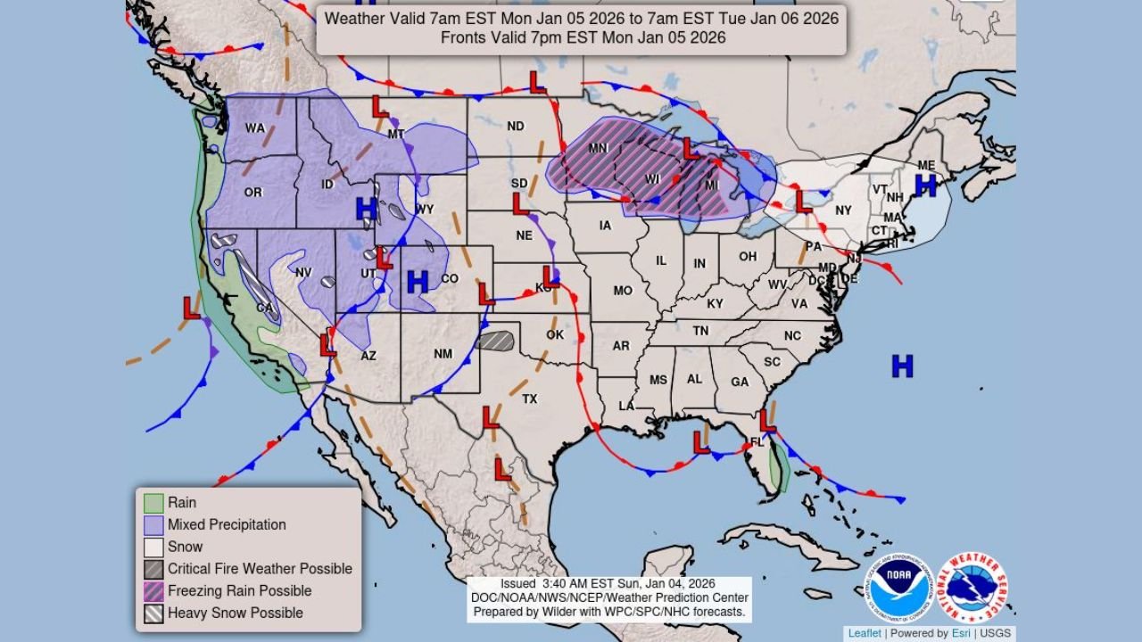 California, Oregon, Washington, Nevada, Idaho, Montana, Minnesota, Wisconsin, Michigan, and Pennsylvania Face Multi-Hazard Weather Pattern With Heavy Rain, Snow, Ice, and Fire Risk Through Early Week