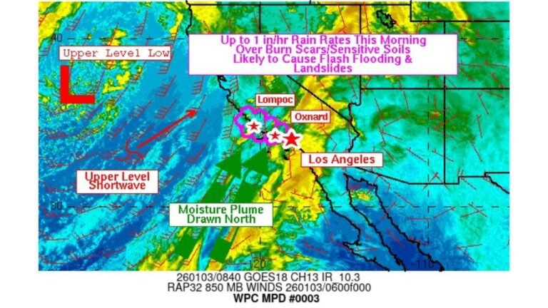 California Storm Threatens Southern California With Flash Flooding and Landslides as Heavy Rain Targets Burn Scar Areas