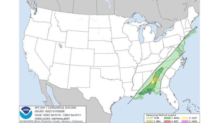 East-Central Alabama and West-Central Georgia Placed Under Slight Risk for Severe Storms as SPC Flags Sunday Threat