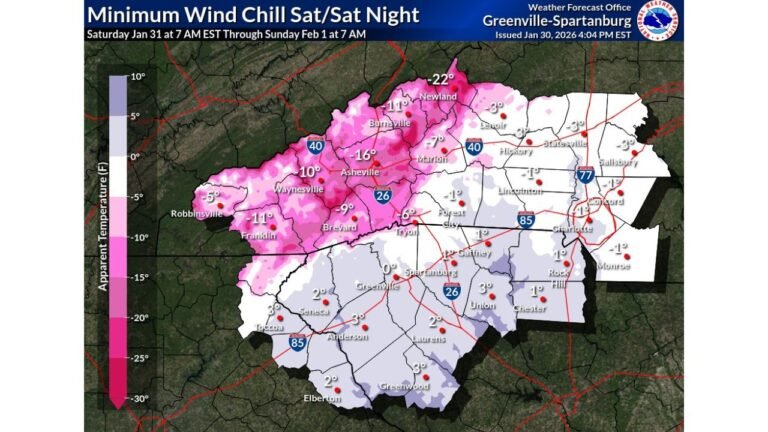 Extreme Cold Warning Hits North Carolina, South Carolina, and Northeast Georgia as Dangerous Wind Chills Plunge to -30°F