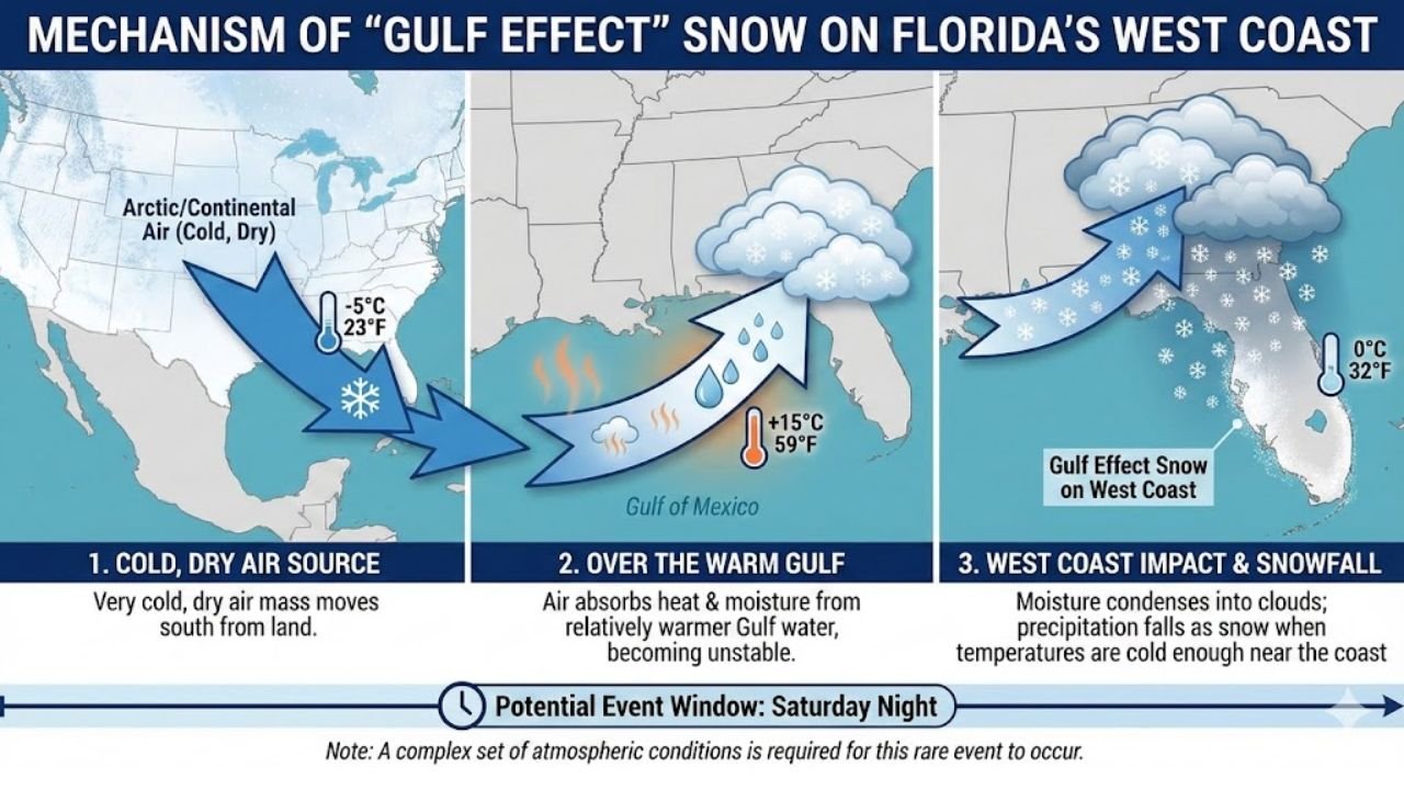 Florida’s West Coast Could See Rare ‘Gulf-Effect’ Snow Flurries Late Saturday as Arctic Air Interacts With Warm Gulf Waters
