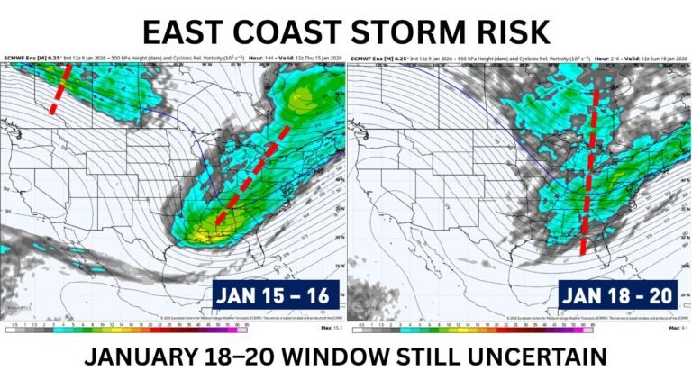 Georgia, South Carolina, North Carolina, Virginia, Maryland, New Jersey, and New York See January 15–16 East Coast Storm Risk Weaken as Model Trends Shift, With January 18–20 Window Still Uncertain