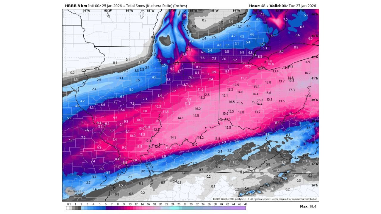 Heavier Snow Bands Target Greensburg, Indiana as Ohio River Snowfall Intensifies Overnight