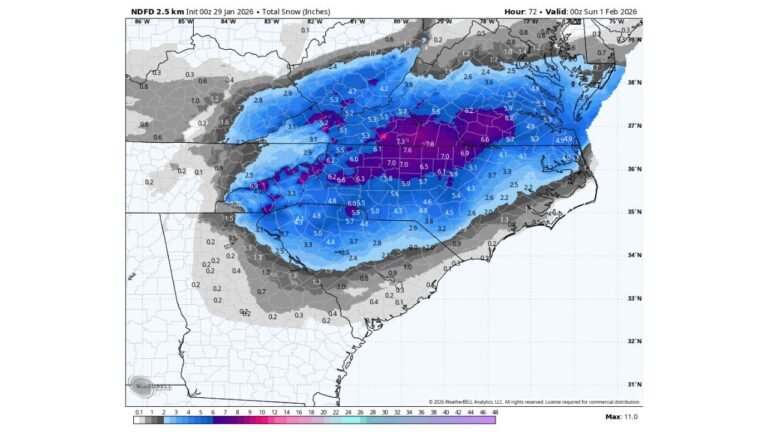 Heavy Snow Bands Target North Carolina, South Carolina, and Southern Virginia as NWS Snow Totals Signal Significant Weekend Winter Storm