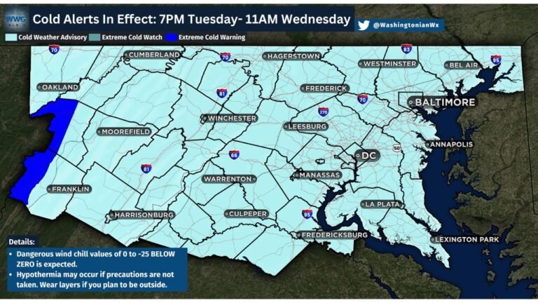 Indiana, Ohio, Kentucky, Virginia, Maryland, and Washington DC Braced for Life-Threatening Cold as Wind Chills Plunge to −25°F