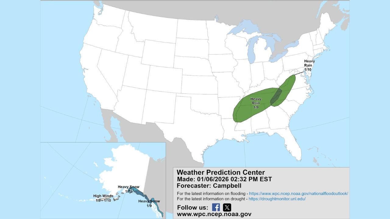 Kentucky, Tennessee, West Virginia, Virginia, and Pennsylvania Face Heavy Rain Threat as NOAA Issues Day 3–7 U.S. Hazards Outlook Through January 13