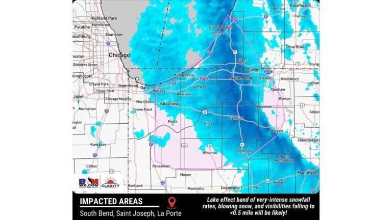 Lake-Effect Snowstorm Intensifies Along Lake Michigan as 2-Inch-Per-Hour Snow and 30+ MPH Winds Threaten Northern Indiana Travel Overnight