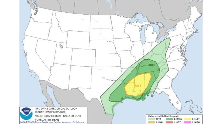 Louisiana, Mississippi, Alabama, and Arkansas Face Day 2 Severe Weather Threat as SPC Issues Slight Risk for Strong Storms
