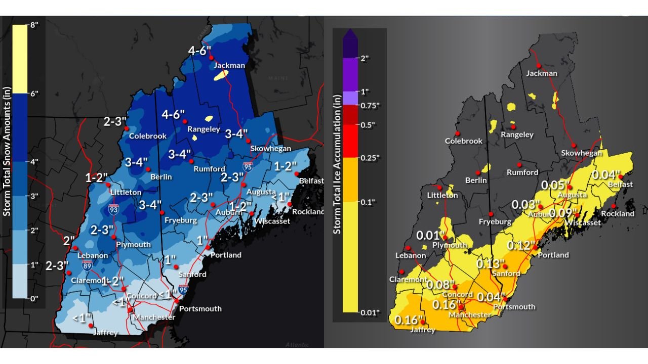 Maine and New Hampshire Brace for Slippery Morning Commute as Snow and Ice Spread North to South Overnight Under Winter Weather Advisories