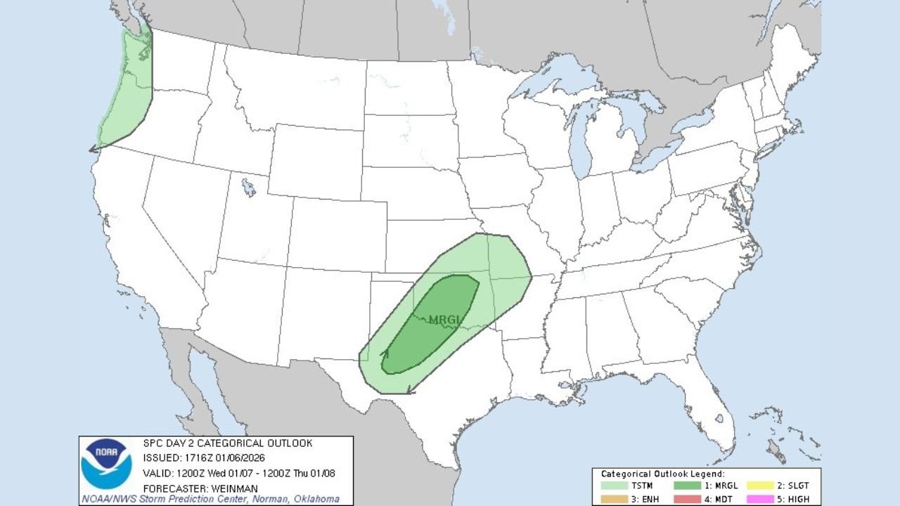 Marginal Severe Storm Risk Expands Across Southern Plains as SPC Flags Thunderstorm Threat From Texas Into Oklahoma