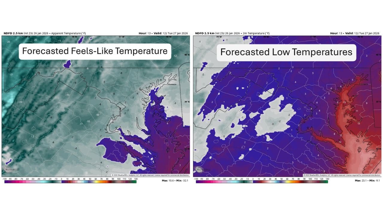 Maryland, Virginia, West Virginia, and Washington, D.C. Brace for Dangerous Overnight Cold as Wind Chills Drop to −5°F to −25°F