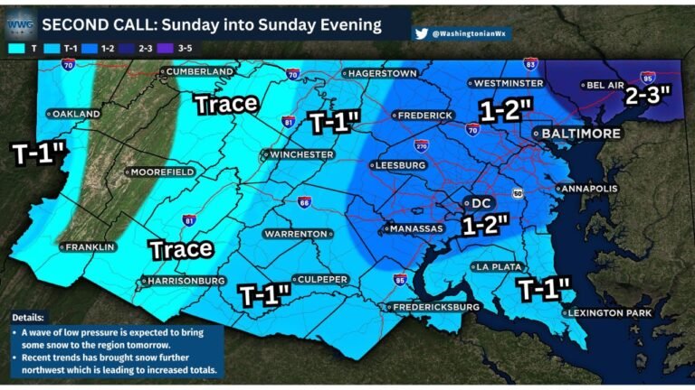 Maryland, Virginia, and Washington D.C. Snow Forecast Updated as Northeast Maryland Added to New 2–3 Inch Zone