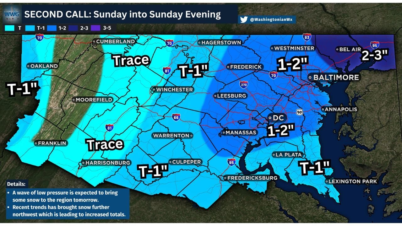 Maryland, Virginia, and Washington D.C. Snow Forecast Updated as Northeast Maryland Added to New 2–3 Inch Zone
