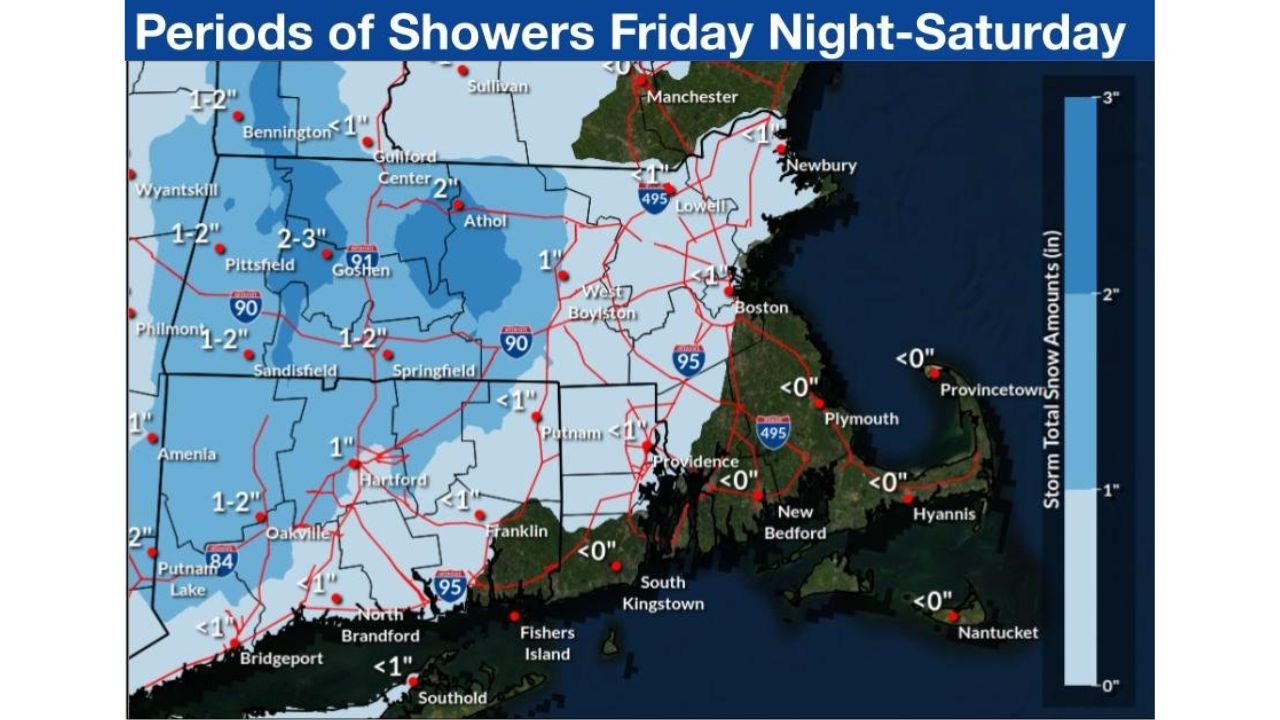Massachusetts, Rhode Island, and Connecticut Face Rain and Snow Showers Friday Night Into Saturday With Light Interior Accumulations Possible