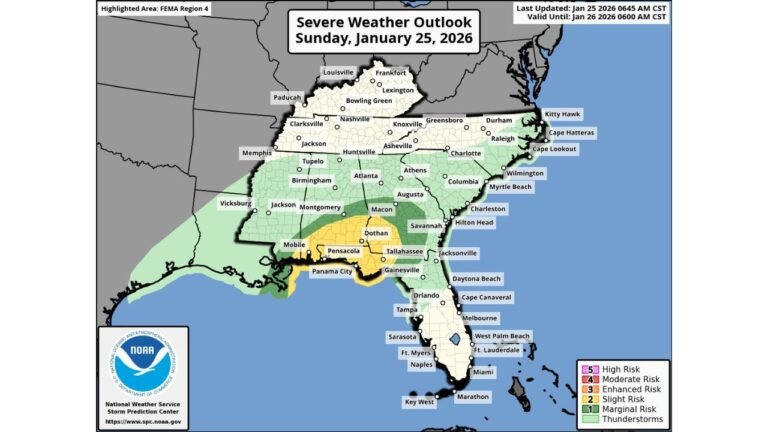 Mississippi, Alabama, Georgia, and Florida Face Damaging Winds and Tornado Risk as Fast-Moving Squall Line Sweeps Southeast on January 25
